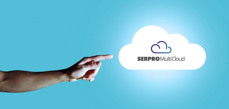 imagem mostra secção de um braço tocando uma nuvem que representa a multicloud Serpro imagem mostra secção de um braço tocando uma nuvem que representa a multicloud Serpro