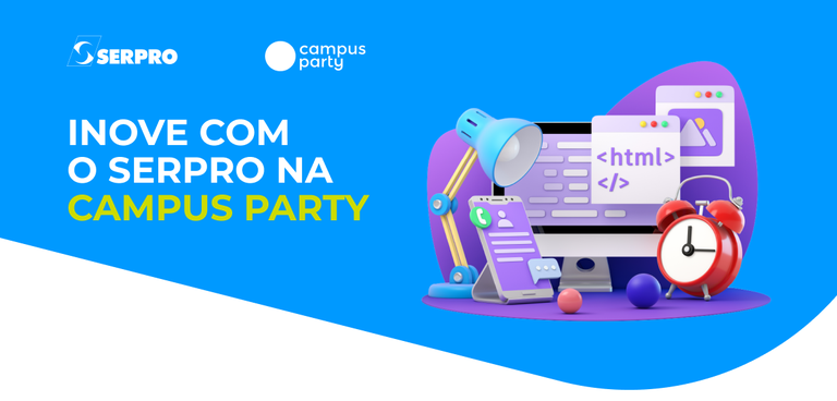 Imagem com texto "Inove com o Serpro na Campus Party", à esquerda. À direita, desenho de um computador, um celular, um relógio, e outros itens, remetendo ao universo online, à tecnologia e à inovação. Imagem com texto "Inove com o Serpro na Campus Party", à esquerda. À direita, desenho de um computador, um celular, um relógio, e outros itens, remetendo ao universo online, à tecnologia e à inovação.