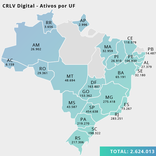 Mapa do Brasil com quantidade de CRLVs Digitais emitidos por estado Mapa do Brasil com quantidade de CRLVs Digitais emitidos por estado