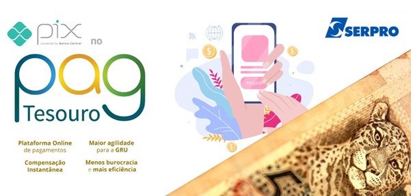Ilustração com as marcas PIX, pag Tesouro e Serpro, contendo também os textos: plataforma online de pagamentos, compensação instantânea, maior agilidade para a GRU, menos burocracia e mais eficiência. Destaque para o lado direito com desenho de mãos que usam celular rodeado com símbolos de conexão e finanças. Na parte inferior, um pedaço da nota de cinquenta reais mostrando o rosto da onça. Ilustração com as marcas PIX, pag Tesouro e Serpro, contendo também os textos: plataforma online de pagamentos, compensação instantânea, maior agilidade para a GRU, menos burocracia e mais eficiência. Destaque para o lado direito com desenho de mãos que usam celular rodeado com símbolos de conexão e finanças. Na parte inferior, um pedaço da nota de cinquenta reais mostrando o rosto da onça.