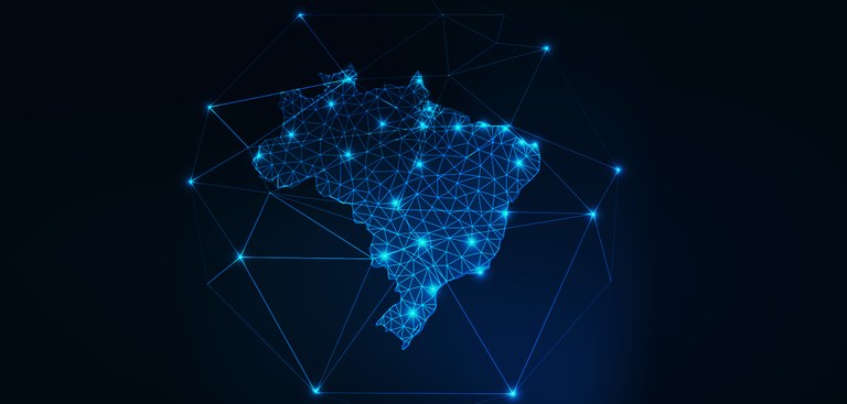 Mapa do brasil desenhado com traços iluminados sobre um fundo azul escuro Mapa do brasil desenhado com traços iluminados sobre um fundo azul escuro