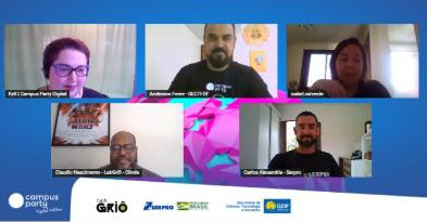 Tela do computador mostrando o rosto de cinco pessoas, em videoconferência de mentoria de um dos hackathons da Campus Party Brasil. Entre as pessoas, está o mentor Carlos Alexandria (abaixo, à dir.), do Serpro. Tela do computador mostrando o rosto de cinco pessoas, em videoconferência de mentoria de um dos hackathons da Campus Party Brasil. Entre as pessoas, está o mentor Carlos Alexandria (abaixo, à dir.), do Serpro.