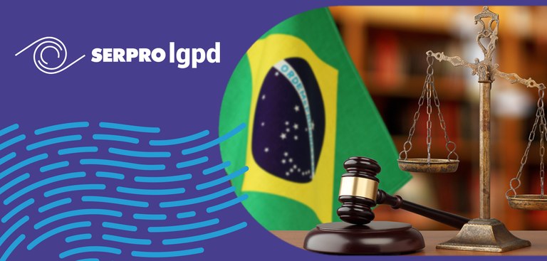 Imagem com a logomarca da solução Serpro LGPD, à esquerda. À direita, uma balança, e um martelo usado em tribunais, ambos remetendo à justiça Imagem com a logomarca da solução Serpro LGPD, à esquerda. À direita, uma balança, e um martelo usado em tribunais, ambos remetendo à justiça