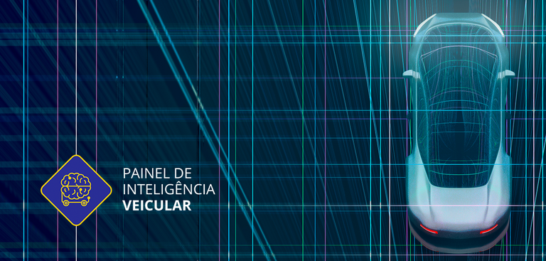 Ilustração composta pela foto de um carro à direita e a marca do Painel de Inteligência Veicular à esquerda. Linhas em cores neon estão traçadas sobre toda a imagem, dando um efeito futurista à composição