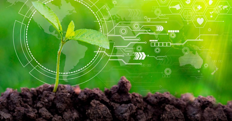 imagem de terra, com planta pequena e fundo verde com elementos gráficos tecnológicos.jpg imagem de terra, com planta pequena e fundo verde com elementos gráficos tecnológicos.jpg