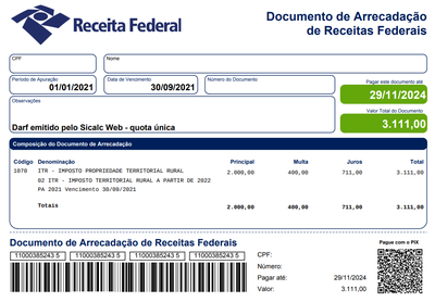 Exemplo de um Darf Numerado, com código de barras e QR Code