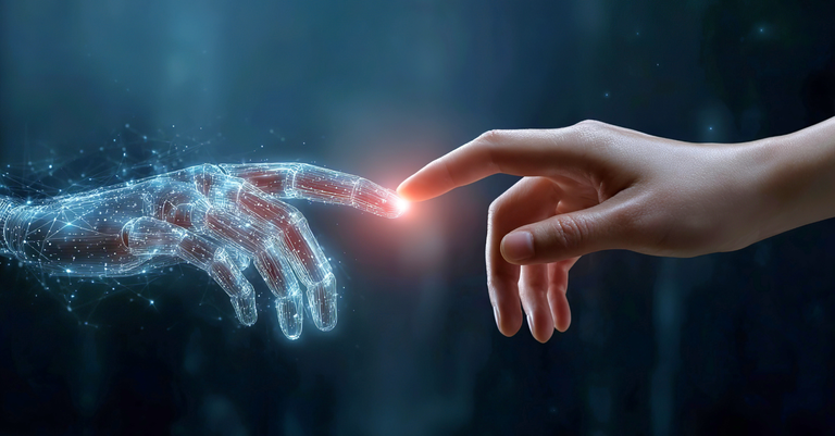 Imagem de uma mão robótica/digital tocando uma mão humana