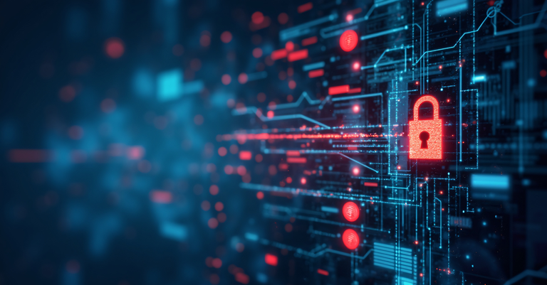 Ilustração de um cadeado digital em destaque, simbolizando a segurança cibernética e a proteção de dados em ambiente tecnológico