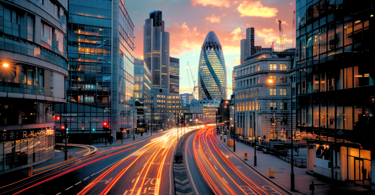 Pôr do sol na cidade de Londres, Inglaterra, com trilhas de luzes do trânsito e arranha-céus iluminados Pôr do sol na cidade de Londres, Inglaterra, com trilhas de luzes do trânsito e arranha-céus iluminados