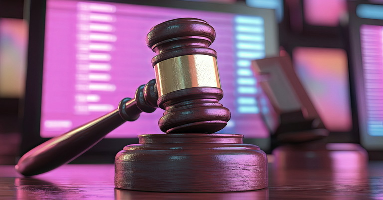 Imagem de um martelo de leilão à frente de uma tela de computador, remetendo à ideia de pregão eletrônico