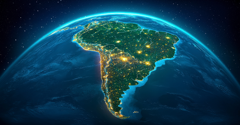 Ilustração gerada por IA para representar o continente sul-americano visto do espaço