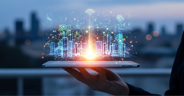 Mão segura um notebook aberto, projetando uma cidade digital iluminada com ícones de conectividade e gráficos, simbolizando tecnologia e transformação digital.