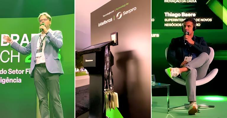 Da esquerda para a direita: Henrique Mattiello no Palco Febraban Cases; totem de credenciamento facial para o evento; e Thiago Baere na Arena Fintech