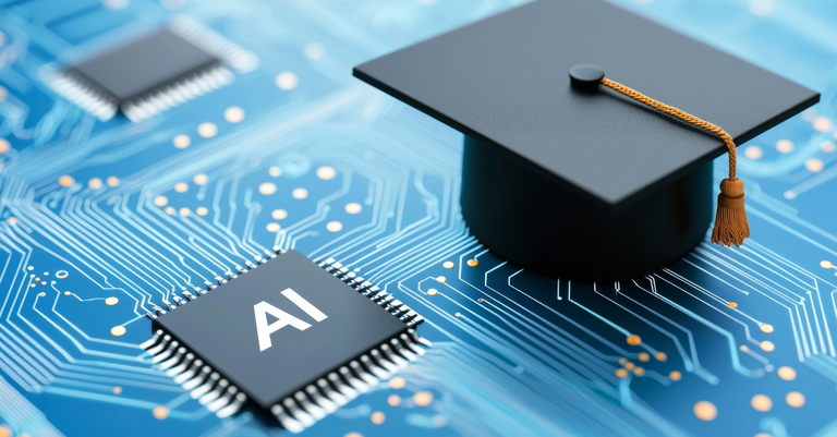 Imagem de uma placa de circuito com um chip de inteligência artificial. Sobre a placa, uma miniatura de chapéu de formatura, em alusão ao tema educacional