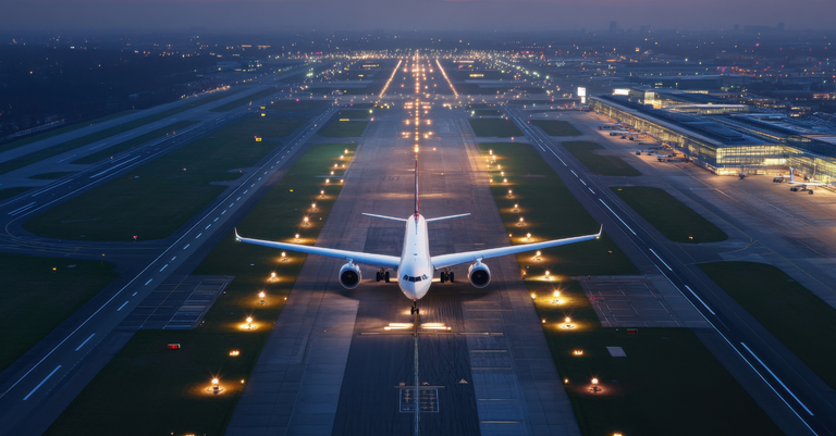 Vista aérea de um avião em uma pista de aeroporto Vista aérea de um avião em uma pista de aeroporto