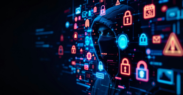 Imagem de uma pessoa encapuzada com símbolos de segurança digital, cadeados brilhantes e ícones de dados em um fundo tecnológico futurista. Conceitos de segurança cibernética, hacking e proteção de dados.
