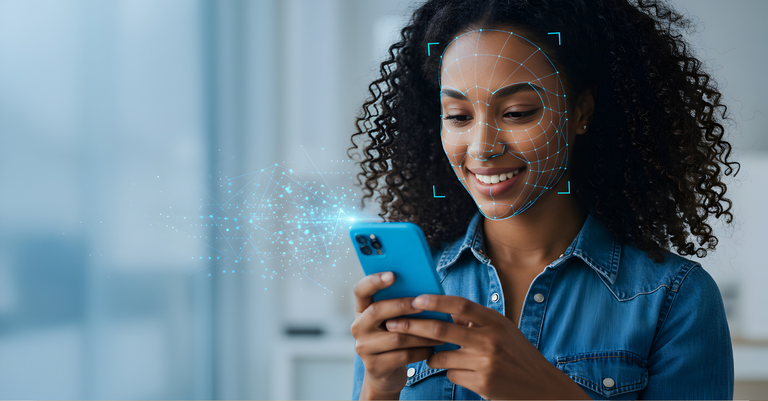 Mulher sorri enquanto usa tecnologia de reconhecimento facial em smartphone