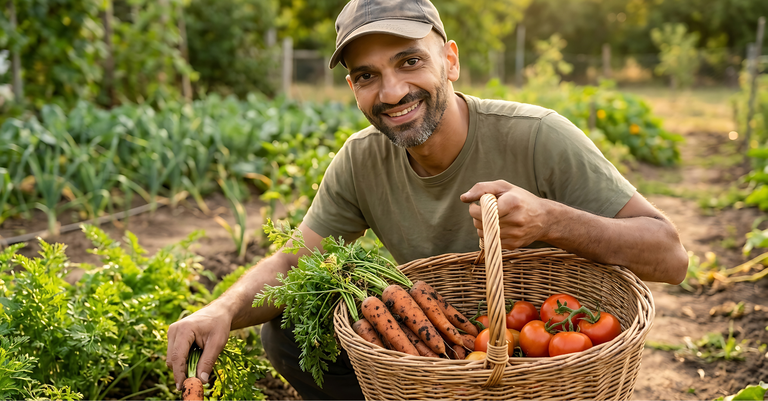 Produtor rural cultivando vegetais em uma horta e segurando uma cesta com a colheita do dia Produtor rural cultivando vegetais em uma horta e segurando uma cesta com a colheita do dia