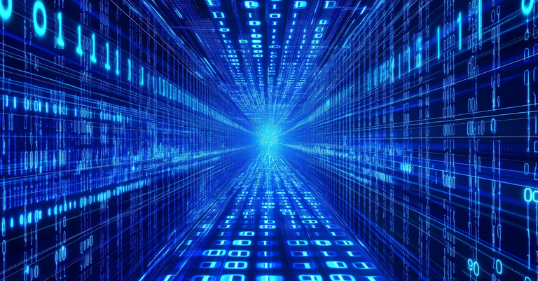 Paisagem digital futurista em tons de azul, com linhas brilhantes e fluxos de dados