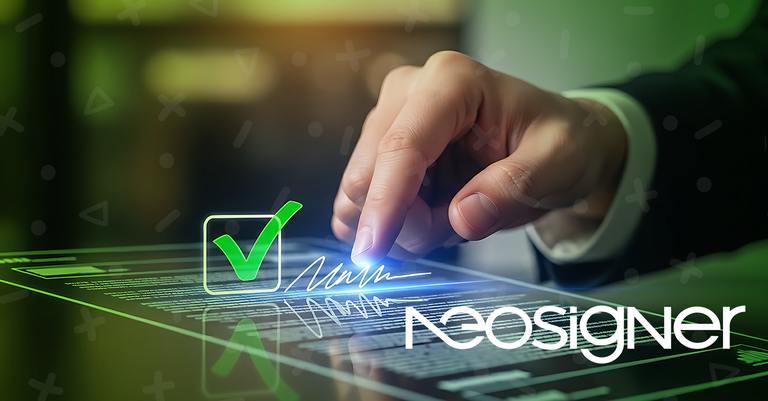 Imagem promocional do NeoSigner mostrando uma mão interagindo com uma interface digital de assinatura eletrônica, com ícone de confirmação em destaque e assinatura luminosa sobre uma tela holográfica Imagem promocional do NeoSigner mostrando uma mão interagindo com uma interface digital de assinatura eletrônica, com ícone de confirmação em destaque e assinatura luminosa sobre uma tela holográfica