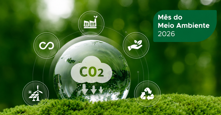 Esfera de vidro sobre vegetação exibindo símbolo de redução de CO₂ e ícones de sustentabilidade, reciclagem, energia limpa e preservação ambiental. Ao lado, texto destaca a campanha “Mês do Meio Ambiente 2026” Esfera de vidro sobre vegetação exibindo símbolo de redução de CO₂ e ícones de sustentabilidade, reciclagem, energia limpa e preservação ambiental. Ao lado, texto destaca a campanha “Mês do Meio Ambiente 2026”