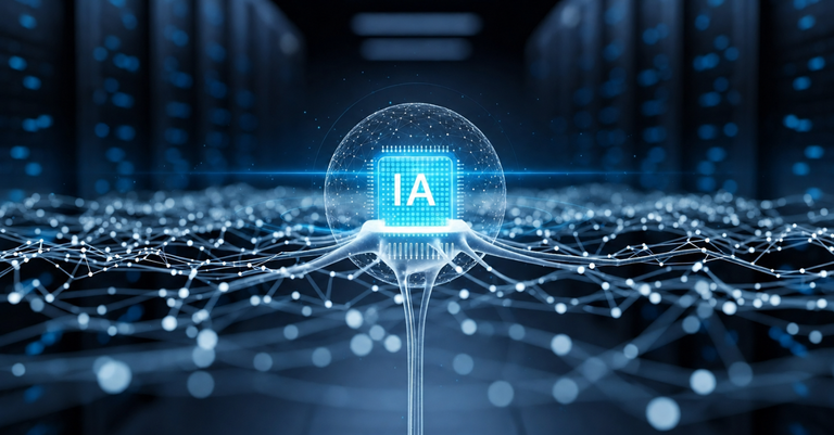 Ilustração futurista em tons de azul mostra um chip luminoso com a sigla “IA” no centro de uma esfera digital, conectado a uma ampla rede de linhas e pontos brilhantes. Ao fundo, servidores desfocados reforçam a ideia de inteligência artificial, processamento de dados e conectividade.